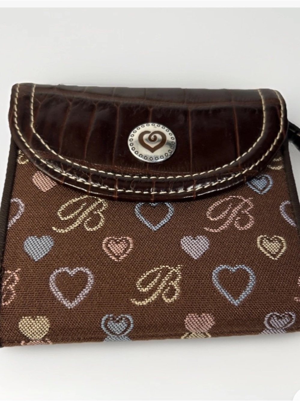 Y2K Brighton Brown Leather Craossbody Wallet w/ Multicolor Hearts